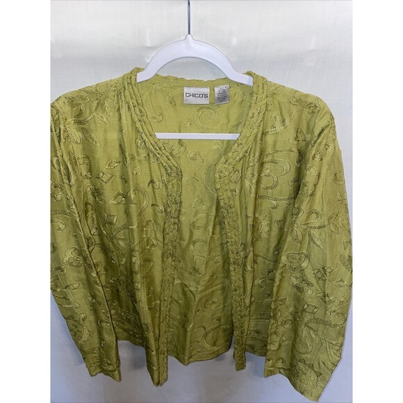 Chico's Open Shacket Women's Size 2 U.S. Large Green Silk Blend Embroidered LS - Picture 1 of 12